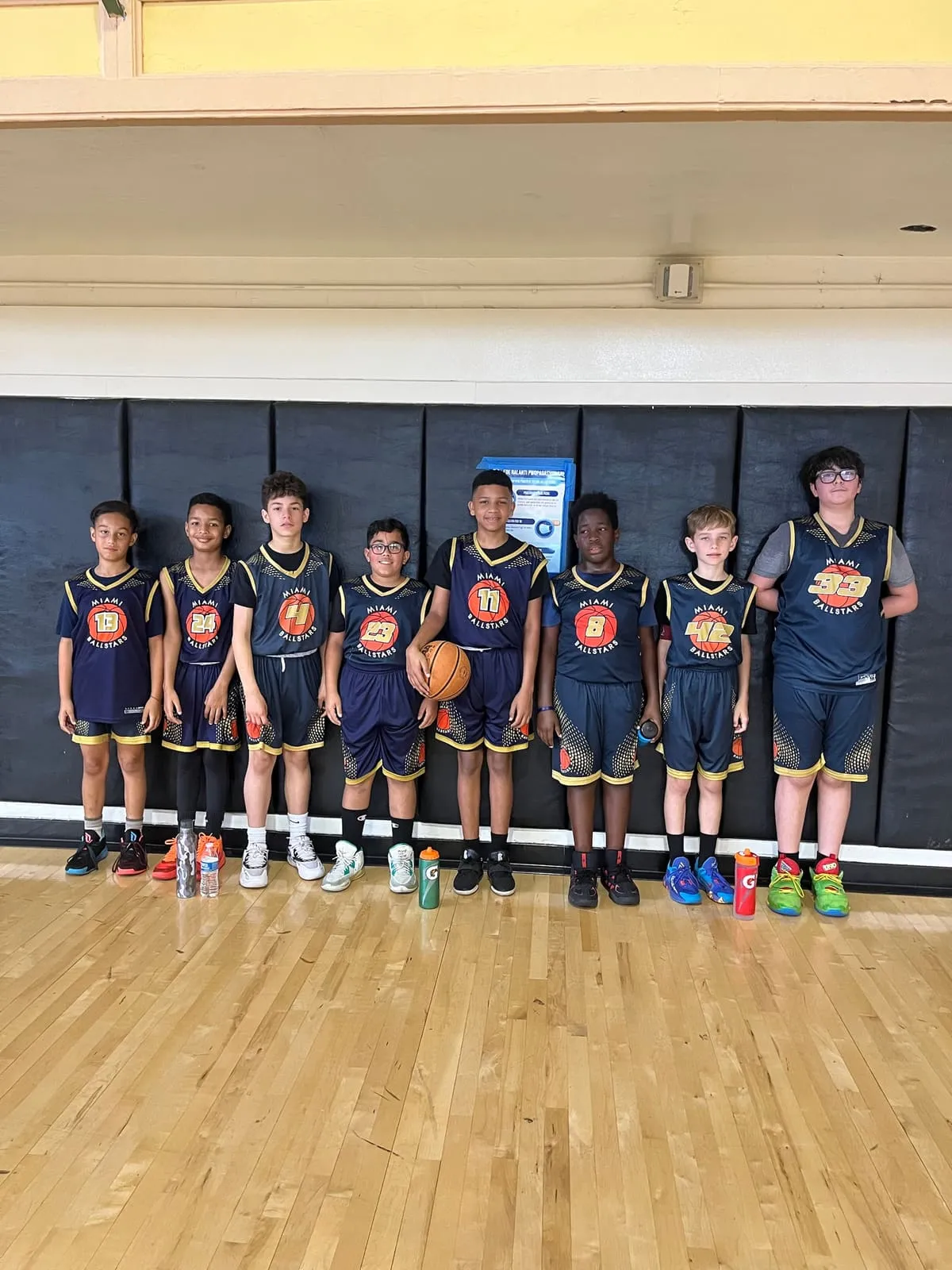 Young Ballstars players in navy jerseys lined up against the gym wall